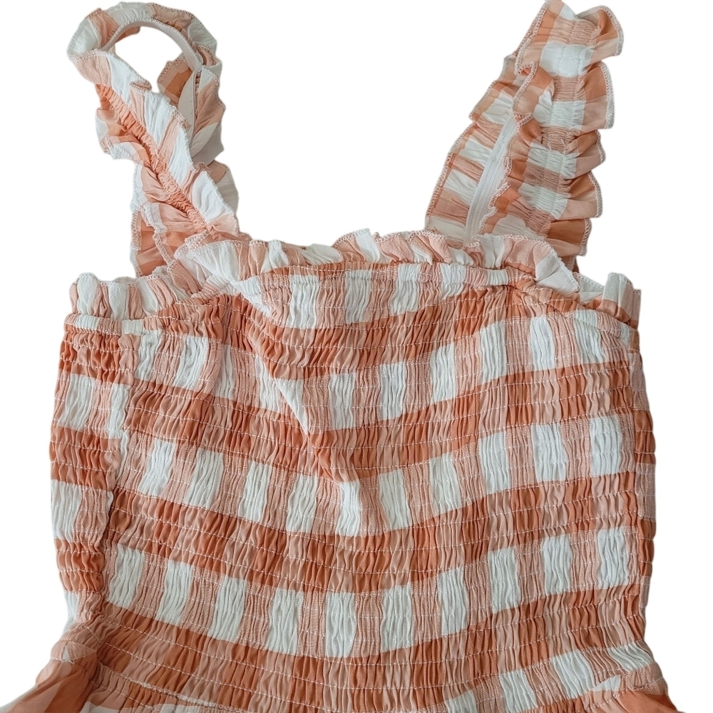 Olivaceous Gingham Back Tie Ruffle Mini Orange Plaid Dress - Picture 11 of 14